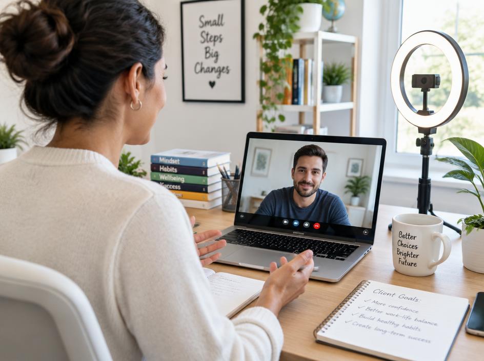 Coach on a video call with a client