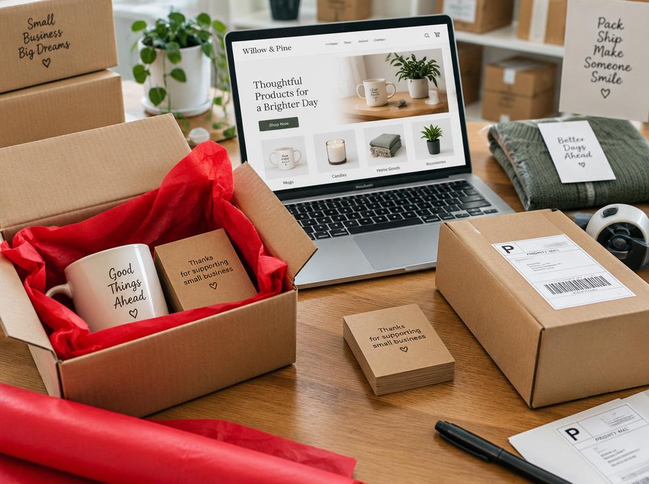 Packed shipping boxes next to a laptop showing an online store