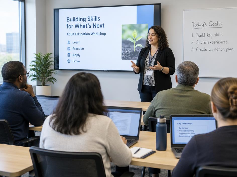 Trainer leading an adult education workshop
