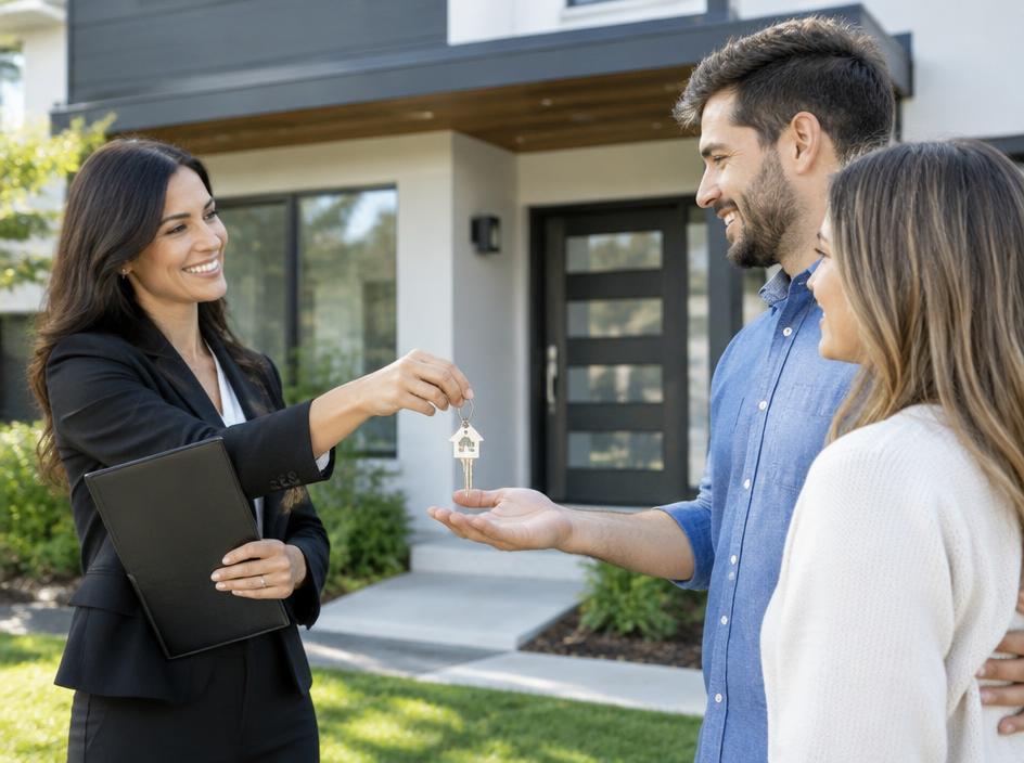 Real estate agent handing house keys to new homeowners