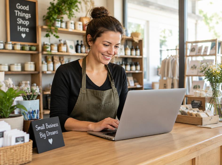 Small business owner working on a laptop in her shop