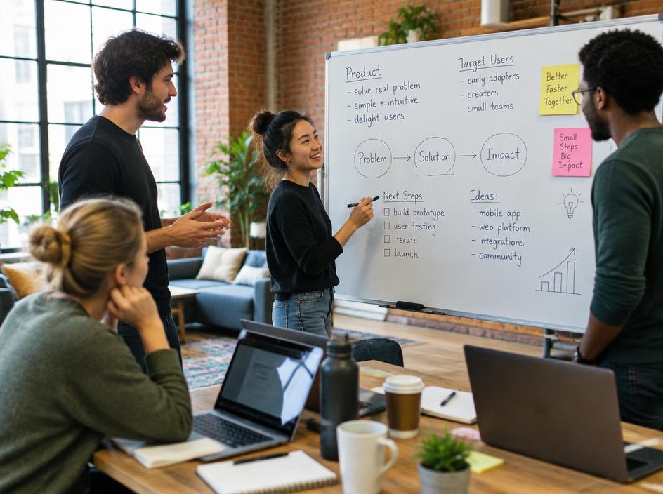 Startup founders planning around a whiteboard