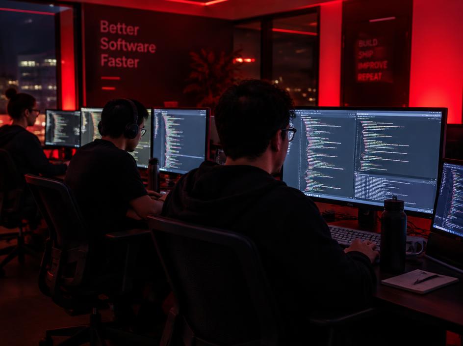 Software engineers working at multiple monitors