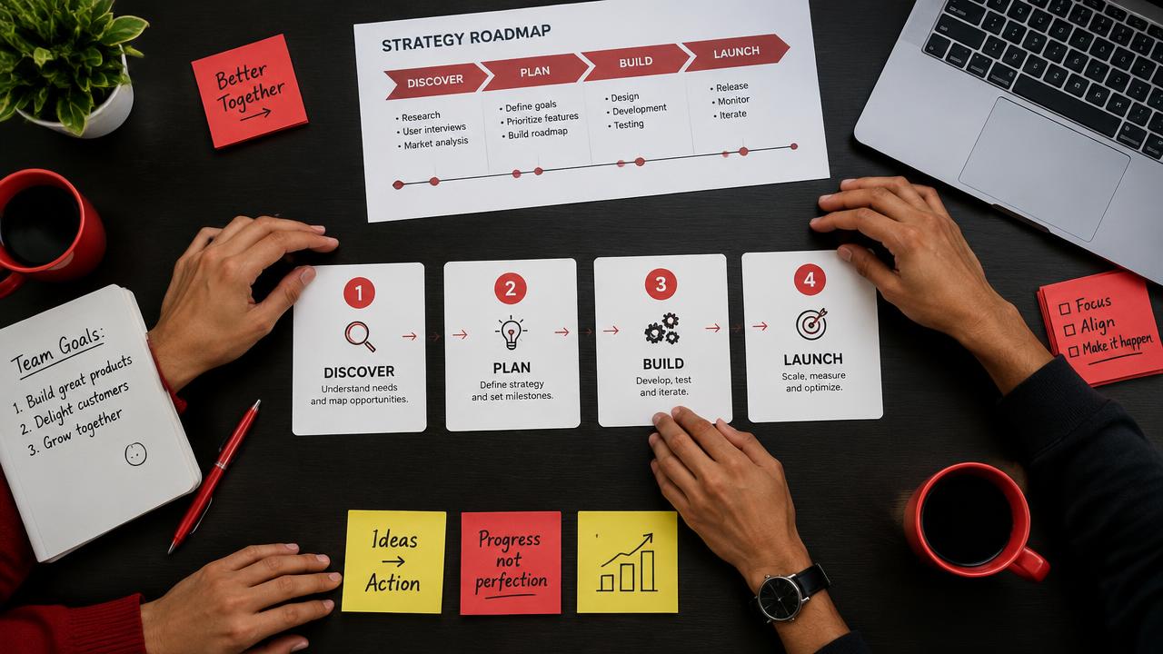 Team arranging four process step cards on a planning table