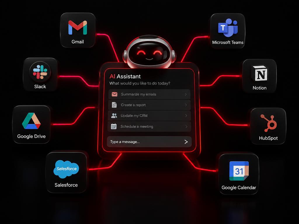 AI assistant connected to business software applications through automated workflows