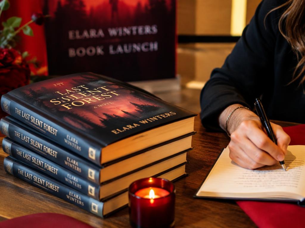 Stack of hardcover books beside an author writing in a manuscript at a book launch