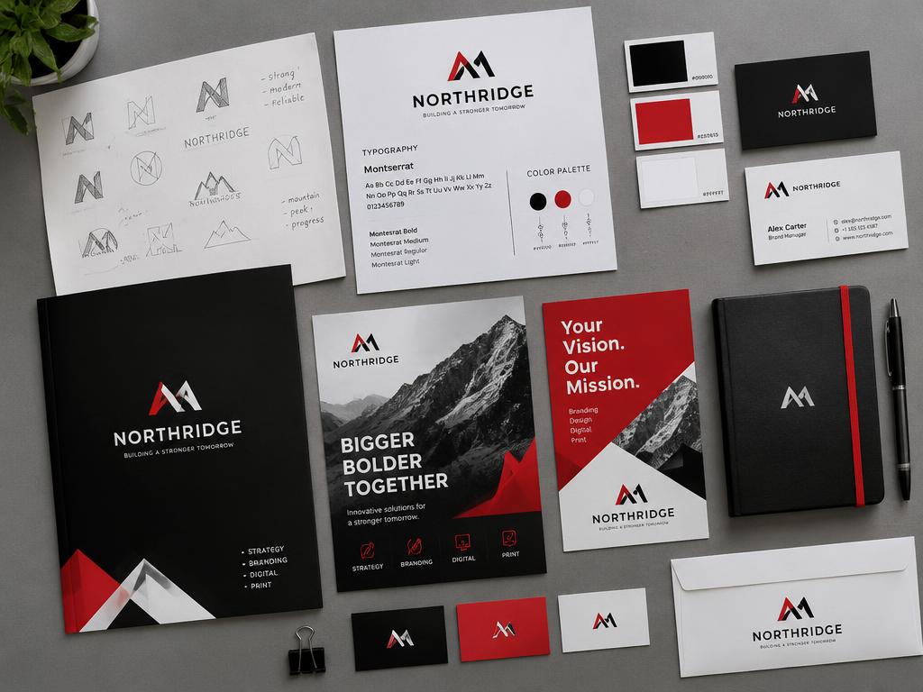 Branding workspace with logo sketches, color palettes, business cards and flyers