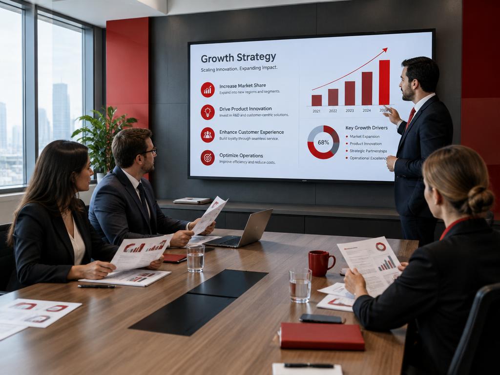 Business consultants reviewing growth strategy charts in a meeting room