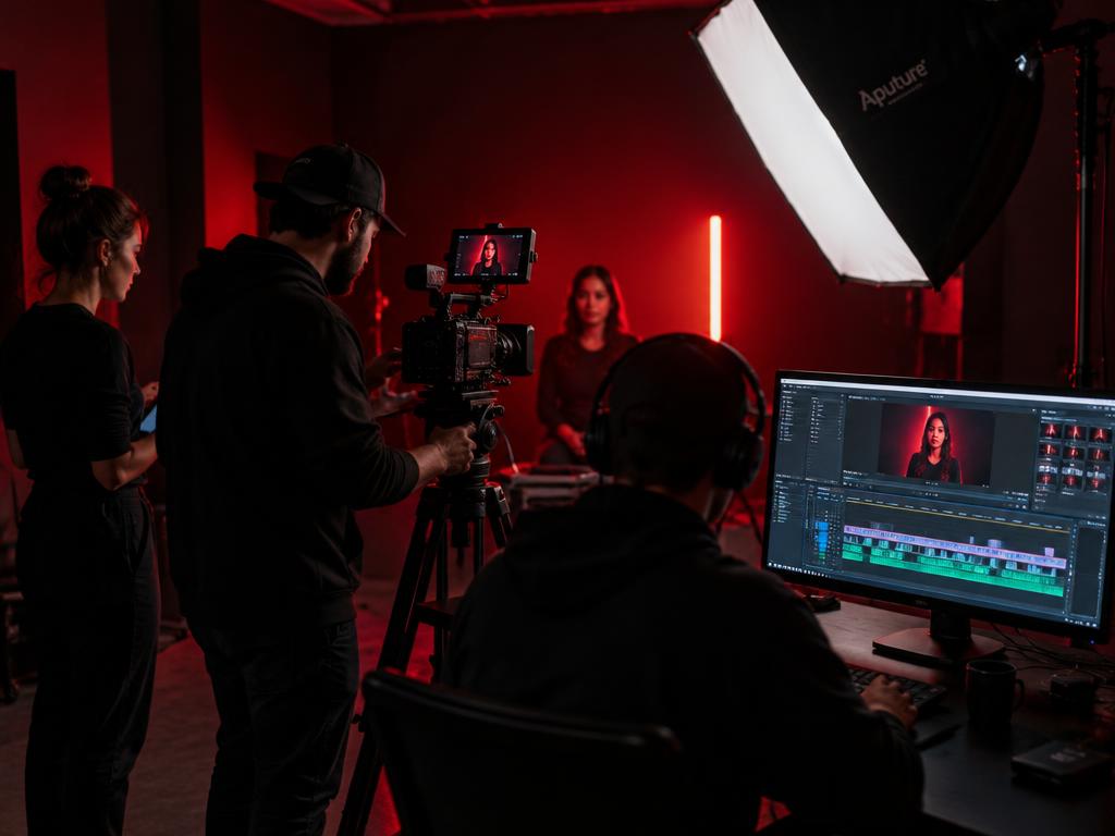 Video production team with camera, lighting and video editing software