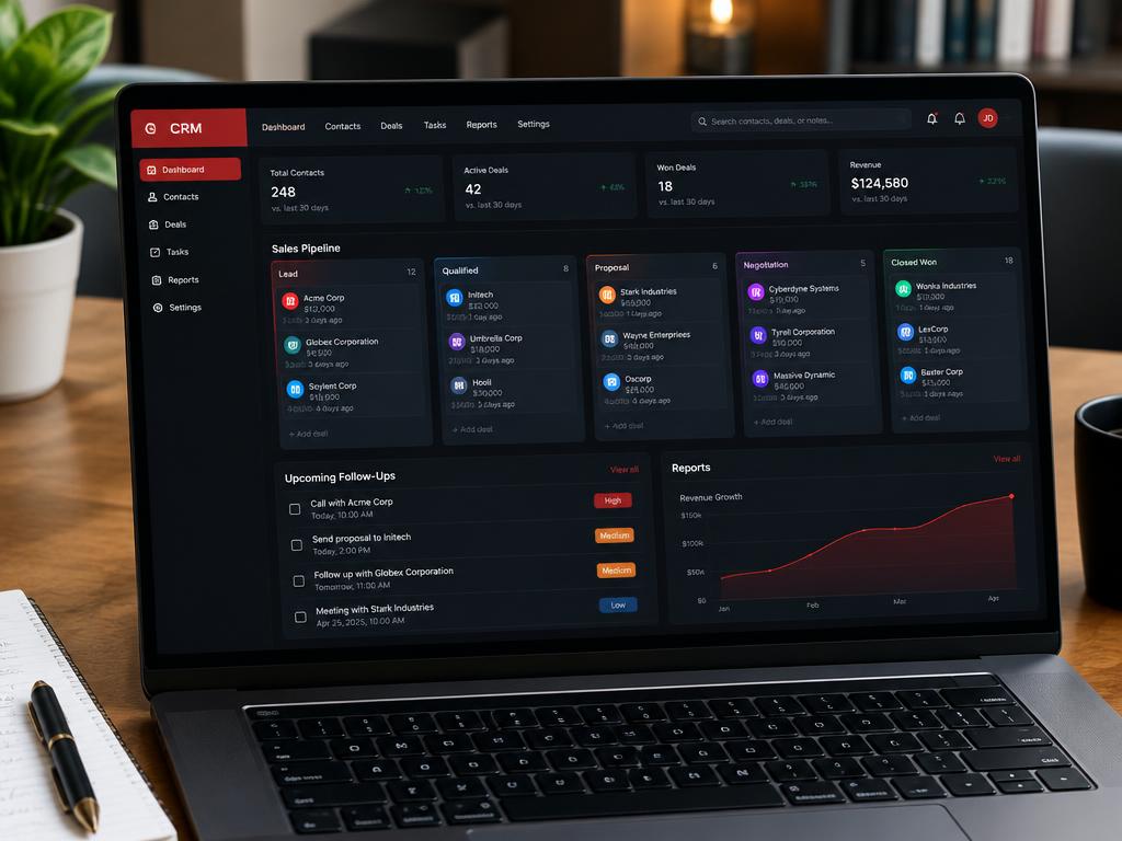 CRM dashboard showing a sales pipeline, customer records and follow-up tasks
