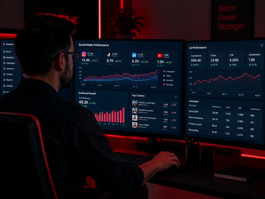 Marketing professional analyzing social media and advertising dashboards