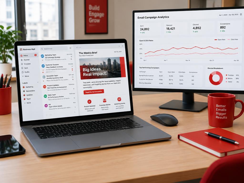 Laptop with a business email inbox and newsletter beside an email analytics screen