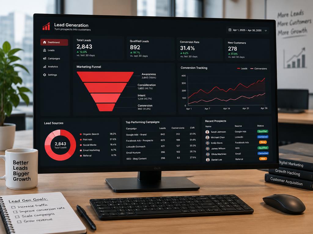 Lead generation dashboard with a marketing funnel and conversion tracking