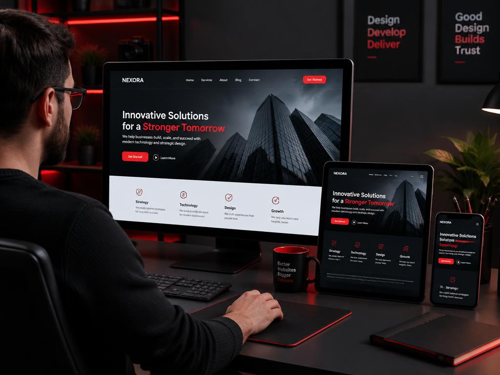 Web designer working on a business website shown on desktop, tablet and phone