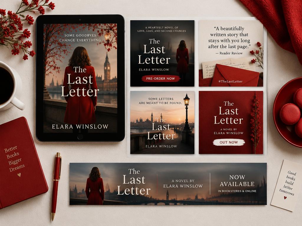 Book launch campaign graphics on a tablet and social posts