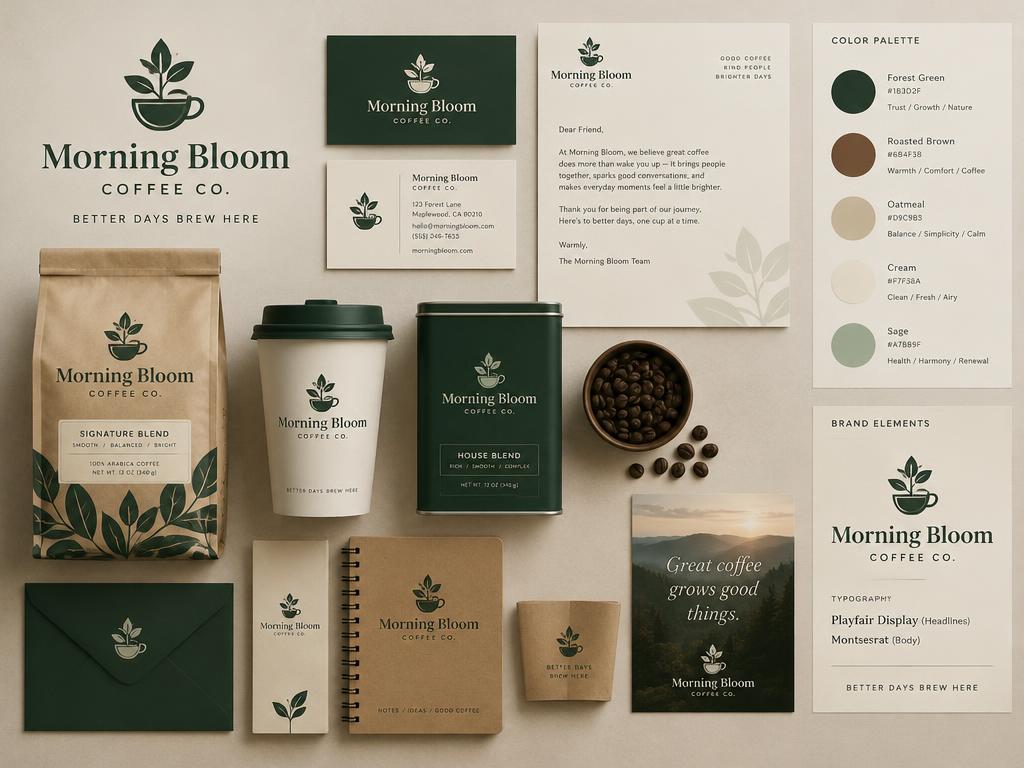 Brand identity board with logo, packaging and stationery